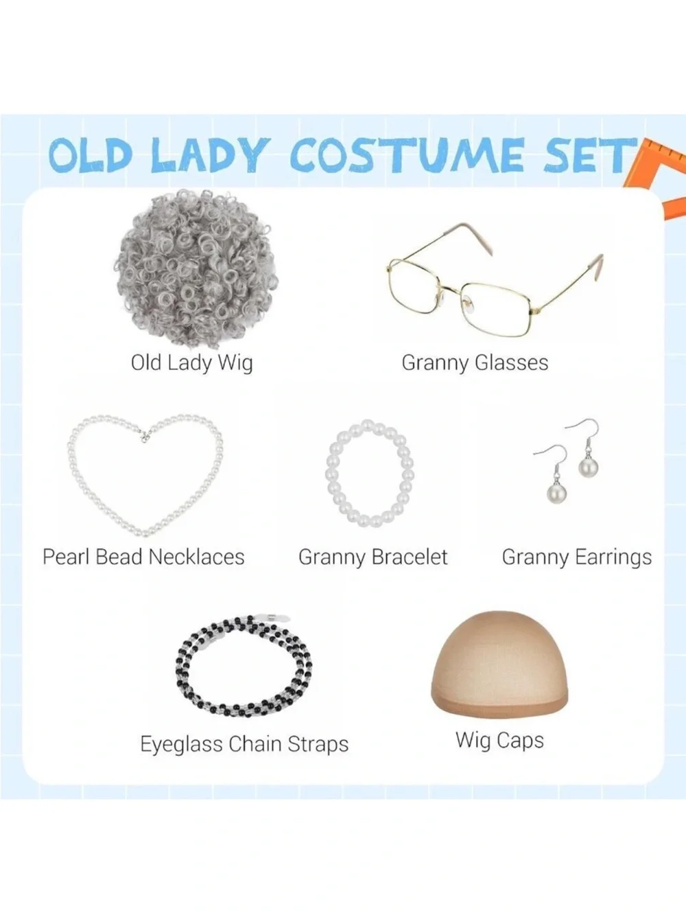 Old Lady Wig Costume Set for Women Gray Hair Granny Cosplay Halloween Party